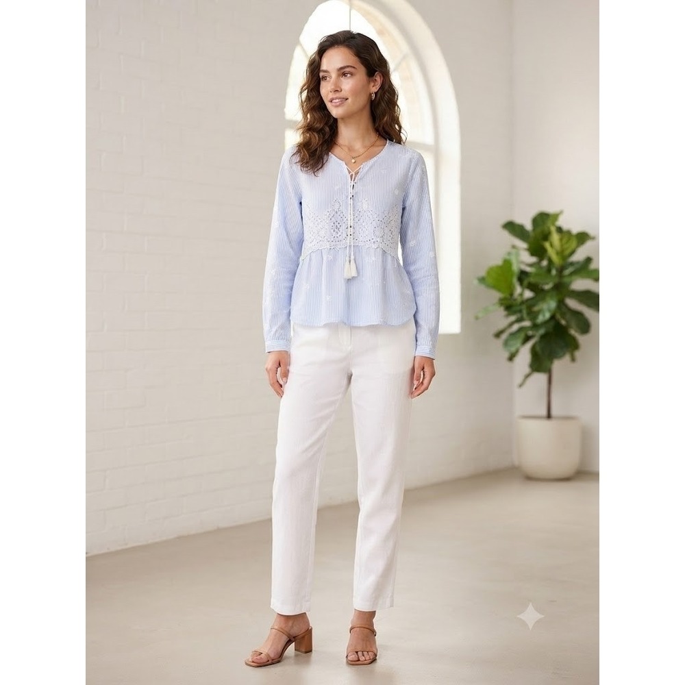 Gap Womens XL Blue White Striped Eyelet Lace Tassel‎ Peplum Blouse LS Top